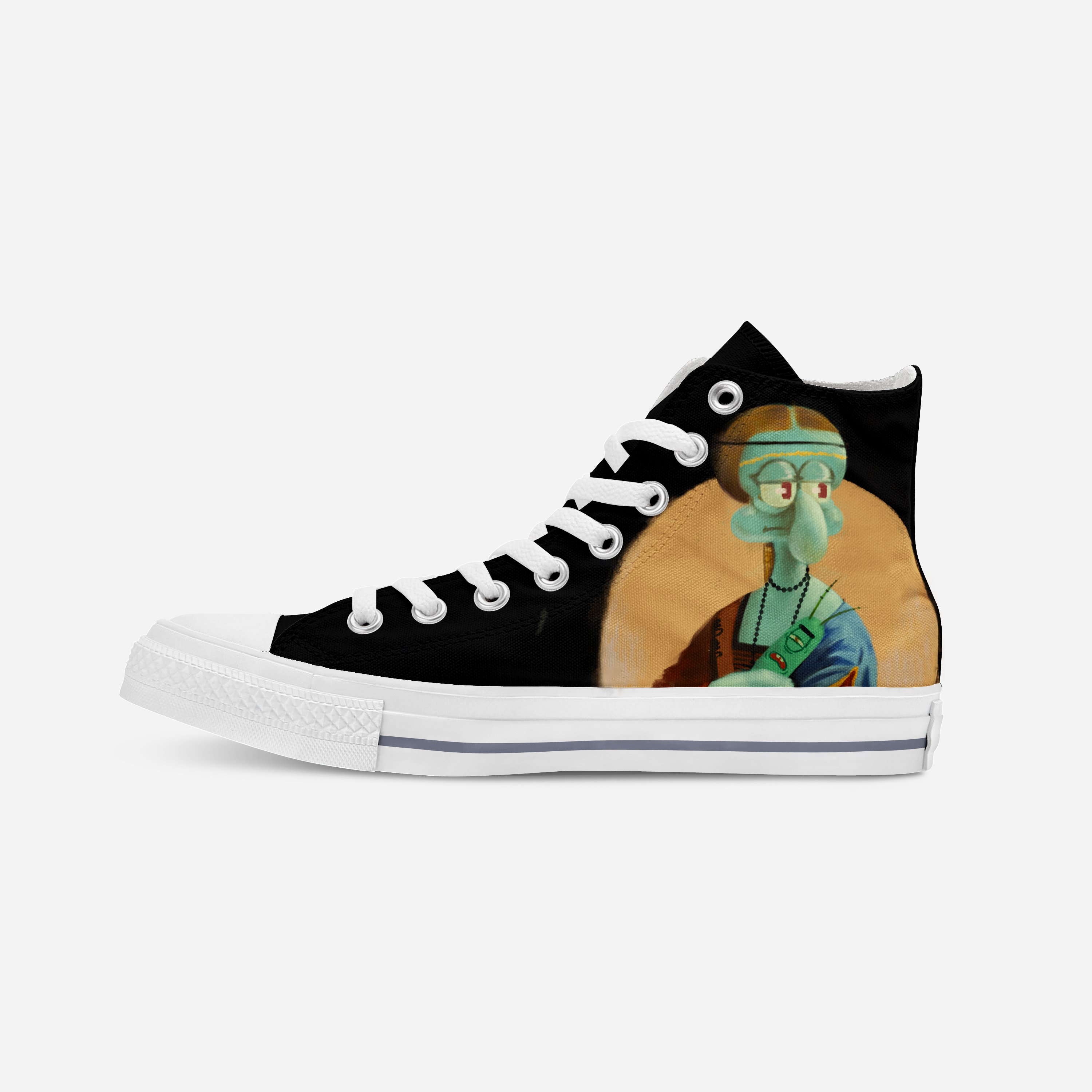 “Woman holding silver rat (SpongeBob)” | Hand-painted hit-top canvas shoes